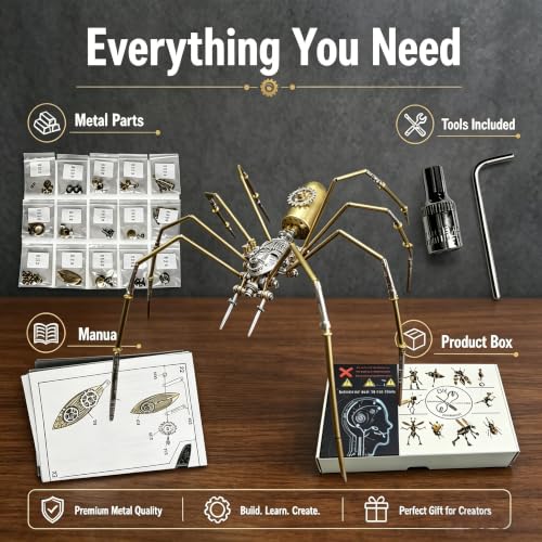 Retro Steampunk Mechanical Insect Craft – 140+ Parts 2-3 Hours Build Time 96% Success Rate 3D Metal Spider Puzzle Unique for 14+ Teens Men Adults Desk Ornament (Frons Spider) - style: Frons Spider