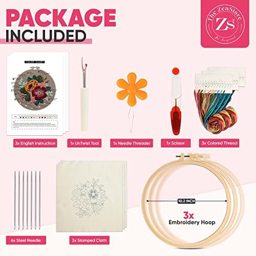 The ZenStore Birds & Flowers Embroidery Kit for Adults – Beginner DIY Hand Embroidery Set with Hoop, Stamped Fabric, Thread & Needles – Floral and Plant Pattern Sewing Craft Kit for Women & Teens - color: Floral Embroidery Kit For Beginners