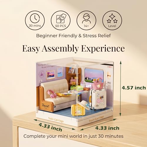 Train Carriage Miniature House Kit, Plastic DIY Dollhouse with Cozy Sofa & Travel Gear, Stackable Transparent Dust Cover, Creative Desktop Decor for Adults Teens - color: Train Carriage, size: Small