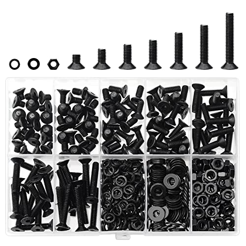 HELIFOUNER 380 Pieces M4 x 6mm /8mm /10mm /12mm /16mm /20mm /25mm, Countersunk Head Socket Cap Screws Bolts Washers Nuts Kit, 10.9 Grade Alloy Steel, Full Threaded, Black - size: M4, style: Countersunk Head