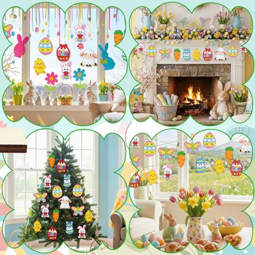 DoubleFill 48 Pcs Easter Suncatchers Craft Kits for Kids Easter Spring Stained Glass Effect Tissue Paper Kits Bulk Bunny Suncatchers Ornament for Spring Window Art - style: Easter Theme