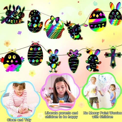 JULMELON 36Pack Easter Crafts for Kids, Bunny Rainbow Scratch Art Paper - style: Easter Crafts