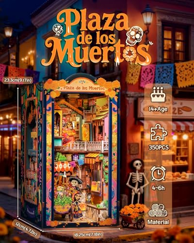 CUTEBEE Book Nook Kit - Mexican Fiesta DIY Miniature Dollhouse, Vibrant LED Bookshelf Decor Alley Model for Adults Teens, Gifts for Family and Friends(Plaza de Los Muertos) - color: Day of the Dead
