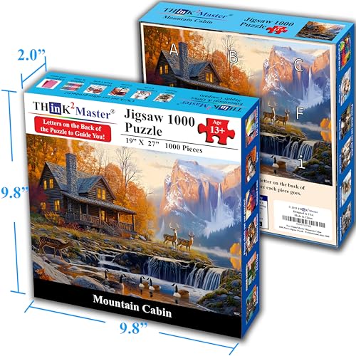 Think2Master Cabin by the Falls 1000 Pieces Large Format Jigsaw Puzzle: 13+, Teens, Adults & Families. Scenic Autumn Mountain Landscape with Log Cabin, Waterfall. Great Gift. Size: 26.8” X 18.9” - style: Cabin by the Falls