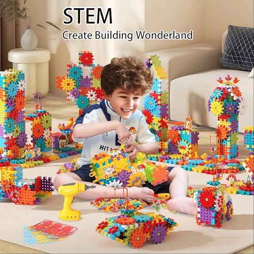234Pcs Electric Montessori Building Blocks for Toddlers 3-5 4-8, Motorized Gear Construction Toy with Power Drill, STEM Educational Learning Set for Kids, DIY Moving Models, Birthday Gift for Boys