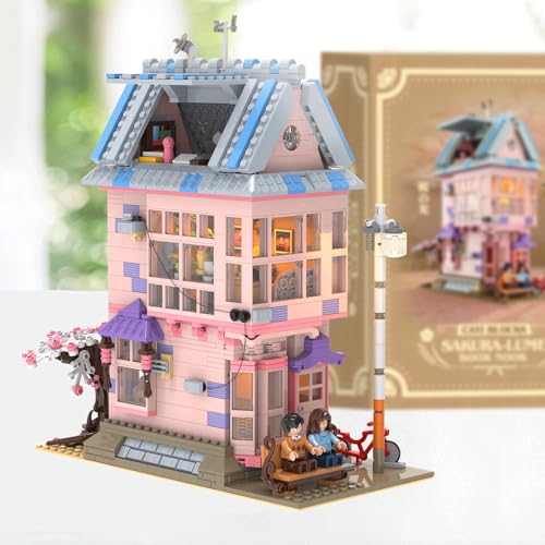 City Cherry Blossom Lighting House Building Sets for Adult 1432 PCS - size: Romantic Pink House