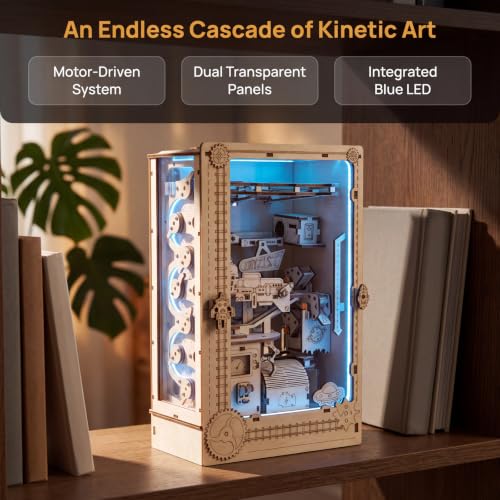 3D Wooden Marble Run Book Corner Set, Featuring LED Lights, a Motor-Driven circulating Marble Track, and an Acrylic Panel—a challenging DIY Craft kit for Adults. - style: Bookend