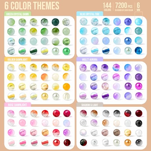 7200PCS 6mm Glass Beads Bracelet Making Kit, 144 Colors Assorted Crystal Beads for Bracelets and Jewelry Making, Round Crackle Glass Beads for DIY Necklace Friendship Bracelets Earring Crafts - color: Colors Collection