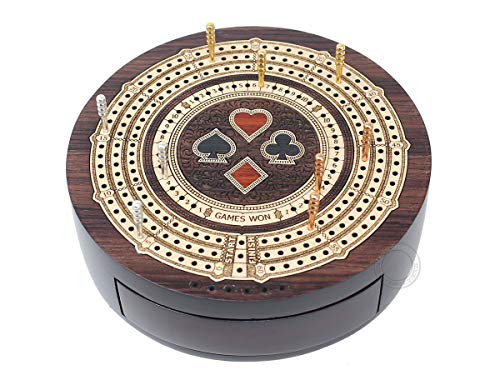 House of Cribbage - Round Shape 3 Track Non-Continuous Cribbage Board - Push Drawer Storage for Pegs and 1 Deck of Cards with Score Marking Fields for Won Games (Rosewood/Maple Wood) - color: Rosewood / Maple Wood