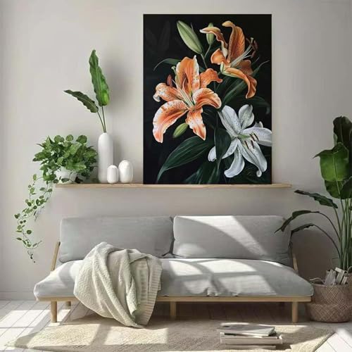 Lily Flower Diamond Art Kits for Adults for Beginners, Flower Full Round Drill 5D Diamond Painting Kit,DIY Diamond Dots With Gem Art Paintings Arts Craft for Adults,Home Wall Decor 12 X 16Inch - color: DZ875
