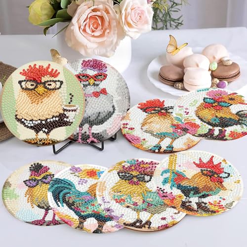 Diamond Art Coasters Kit, 8 Pieces Chicken Diamond Painting Coasters Kit - color: Chicken