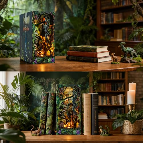 fifijoy Jungle Adventure Book Nook Kit - DIY Miniature Dollhouse Booknook for Adults, 3D Wooden Puzzle Bookend Bookshelf Decor with LED Light and Sound Effects, Creative Gift for Family, Friends - color: Jungle Adventure