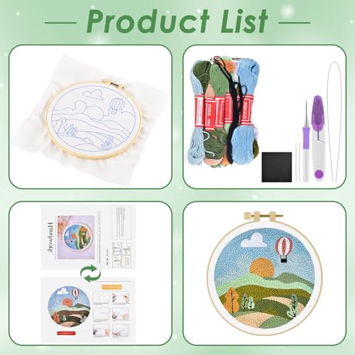 ERKOON Punch Needle Kit Adults Beginners, DIY Easy Landscapes Embroidery Set for Starter Art Craft, Needling Punch Project with Patterns, Tools, Yarns, Hoop, Instruction (Spring) - color: Spring