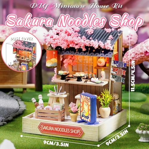 Kisoy Dollhouse Miniature with Furniture Kit, DIY 3D Wooden DIY House Kit with Dust Cover, Handmade Tiny House Toys for Teens Adults Gift (Sakura Noodles Shop) - color: Sakura Noodles Shop