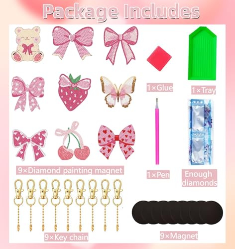 Bulerrylulu 9 Pcs Pink Diamond Painting Magnets Kits Bow Fridge Magnet Stickers Diamond Art Painting Keychains Gem Painting kit for Beginners Adults DIY Art Craft Gifts Home Decors - color: bow