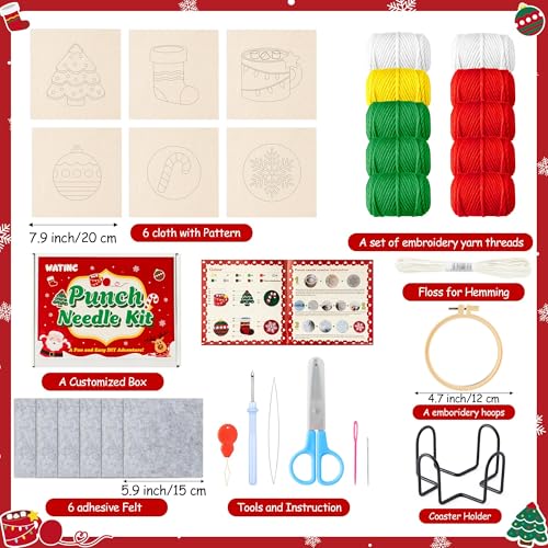 WATINC Christmas Punch Needle Coaster Kit - 23Pcs Easy Art Work Decor Craft Supply for Beginners, DIY Set of 6 Unique Pattern Tufted Pads with Adhesive Felt Yarn Tools Coaster Holder Instruction (Red) - color: Red