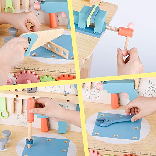 Tool Bench for Kids Toy Play Workbench Wooden Tool Bench Workshop Workbench with Tools Set Wooden Construction Bench Toy for 3 4 5 Year Boys Girls - style: Green Tool Bench