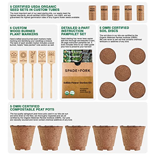 Organic Edible Flower Garden Seed Kit - 23pc Indoor Garden with Soil, Pots, Plant Markers, USDA Organic Non-GMO Seeds & Illustrated Instructions - Sunflower, Borage, Thai Basil, Dill, Nasturtium - style: Edible Flower Garden Kit