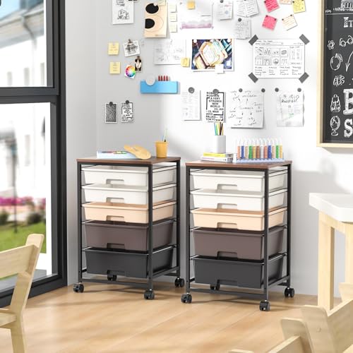 SYKIARIOL Rolling Cart with Drawers, 5 Drawers Utility Cart, Dark Brown - color: Dark Brown