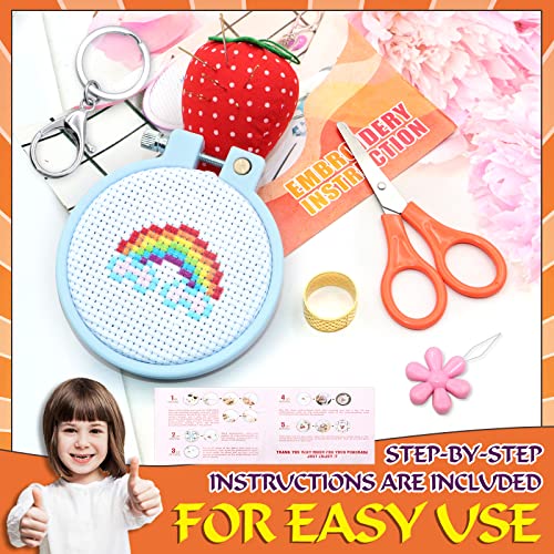 ZOCONE 12 PCS Cross Stitch Kits for Kids 7-13, Beginner Kits with Instructions, Keychains, Embroidery Hoops and Tools, Backpack Charms, Cross Stitch Ornaments