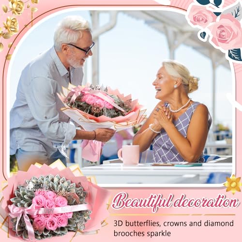 XunYee Bouquet Kit 20 Sheet Flower Wrapping Paper 100 Pcs Bamboo Skewers Floral Foam Blocks for Anniversary Birthday Gift Graduation Mother's Day(White, Solid Pink) - color: White, Solid Pink