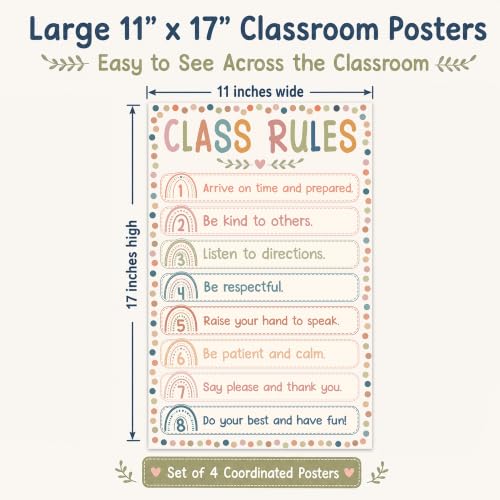 Classroom Jobs & Classroom Rules Poster Set, 4 Classroom Posters Elementary with Birthday Chart & Welcome Poster, Preschool Posters Laminated Style, Classroom Decor for Kindergarten Teacher - color: Class Rules