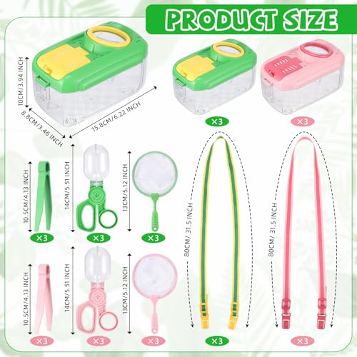 Halloscume 6 Sets Bug Catcher for Kids Students Insect Catching Kit Collector Bug Box with House, Butterfly Net, Tweezer, Cage Habitats Container Collection Explorer Gift (Pink,Green) - color: Pink,green