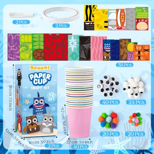 BeYumi Ocean Animals Craft Kit - 12Pcs Summer Arts and Crafts for Kids Toddler Paper Cup Craft Kit with 12 Cartoon Animal Projects DIY Gift for Birthday Party Preschool Classroom Fun Activity Ages 3-6