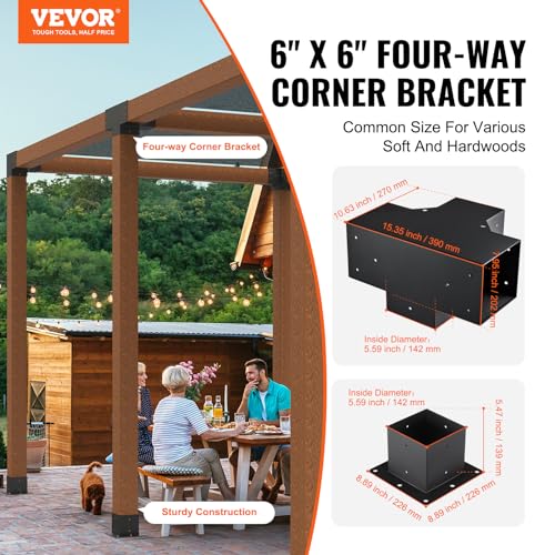 VEVOR Pergola Bracket Kit 6''x6''(Inner Size 5.6x5.6), 4pcs 4-Way Heavy Duty Corner Bracket Woodworks DIY Post Base Kit, Easy Installation Wooden Beams for Gazebos, Patio Pergolas, Log Cabin - size: 4PC 4-Way 6*6