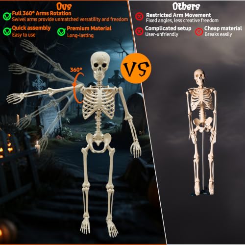 breesky Life Size Skeleton for Halloween: 4.43ft Realistic Human Anatomy Full Body Skeleton Model with 360° Posable Movable Arms - Skeletons for Outdoor Yard Haunted House Atmosphere Decoration - color: Bone White