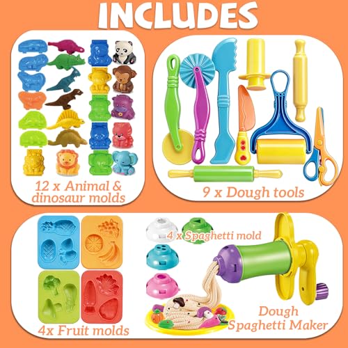 31 Pcs Dough Tools, Dough Play Tools Set + Kitchen Spaghetti Maker Machine Clay and Dough Accessories with Rolling Pins, Clay Cutters, Safety Scissors, 3D Dino & Animal & Fruit Molds