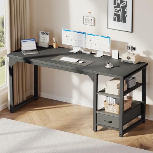 Mericonia 48 in Computer Desk with Drawer, 1" Thick Reversible Office Desk - color: Black, size: 48"D,1"T