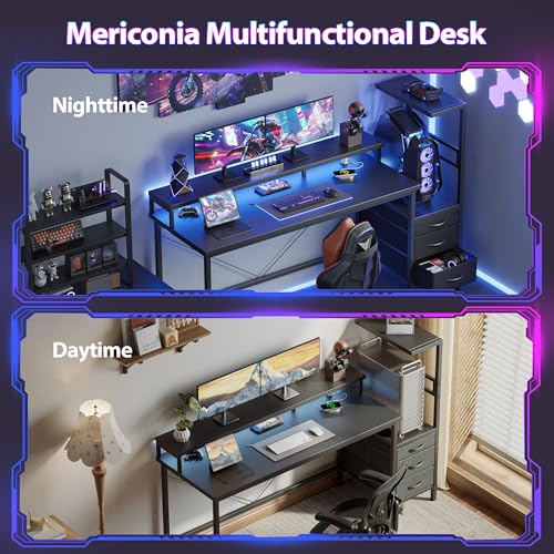 Mericonia 68 inch Gaming Desk with Drawers, Reversible Computer Desk, Black - color: Black, size: 67 inch