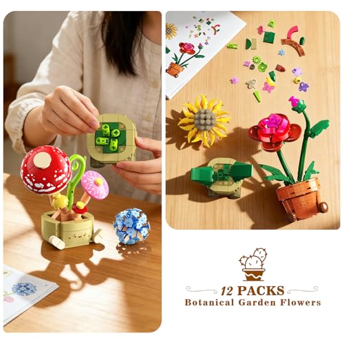 CUBIMANA 12 Flower Botanical Mini Building Set for Adults Kids Ages 6-12+