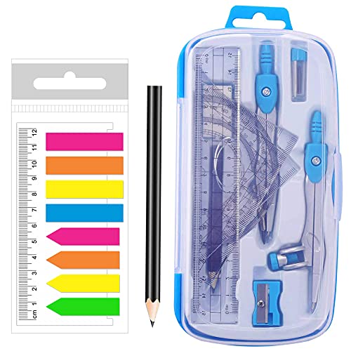 Akuoly Math Compasses Back-to-School Starter Geometry Kit with 2 Drafting Compasses Protractor Set Squares Ruler and More for Students Maths Study Homework, Blue Set with Carry Case