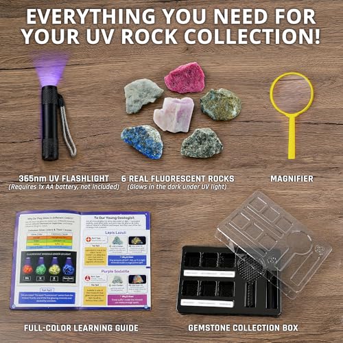 PIBEX Fluorescent Rock Science Kit, 6 Glowing Rocks, with UV Flashlight