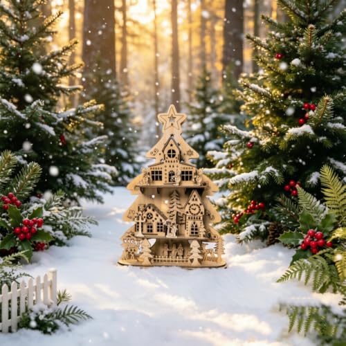 3D Wooden Puzzles for Adults - DIY Christmas Tree Village Kit - color: Christmas Treehouse
