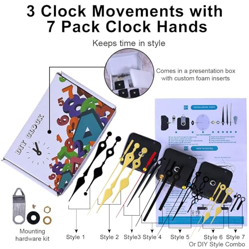 EMOON 3 Pcs High Torque Clock Mechanism Replacement Kit with 7 Different Pairs of Clock Hands Quartz Clock Movement Motor Parts for DIY Repair Parts Replacement (Total Shaft Length 7/8 in) - size: Total Shaft Length 7/8 in