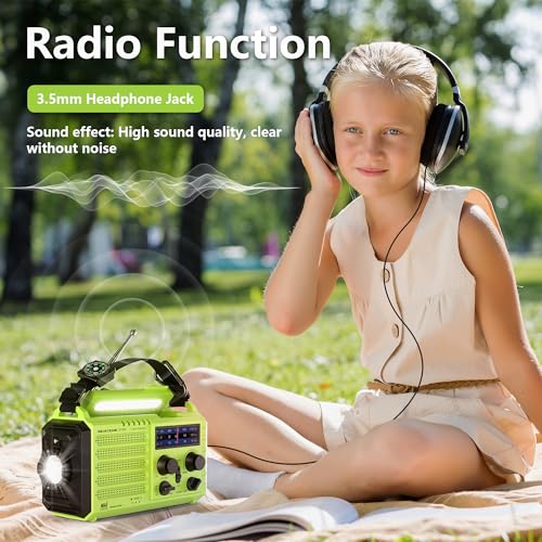 Emergency Weather Radio Battery Powered 5000mAh/18500mWh, Solar Hand Crank - color: Light Green
