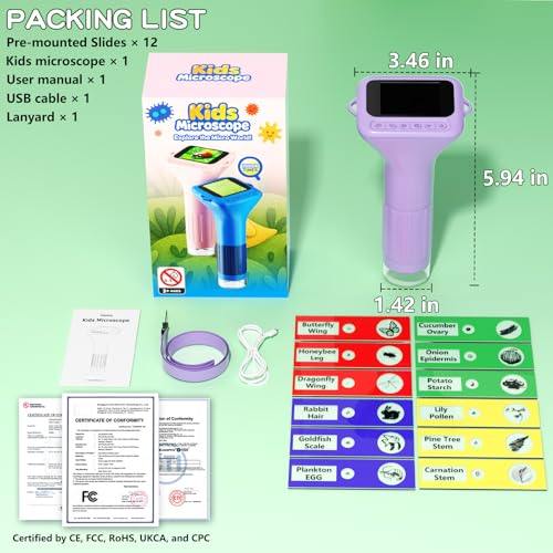 Odatay 1000X Digital Kids Microscope Kit with 12 Slides & 2" Screen, Purple - color: Purple