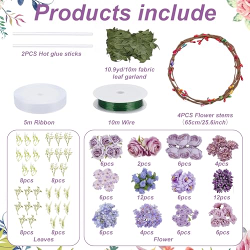 INFUNLY 113pcs/Set DIY Purple Floral Crowns Kit Handmade Floral Wreath Headbands Kit Rose Leaf Crown Making Kit Flower Headband and Bracelets Kit for Women Gifts Bridal Wedding - color: Purple/Blue/Pink