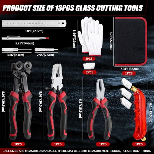YOTINO Glass Cutters Tools 20PCS Glass Nippers Glass Running Pliers Breaking Pliers Oil Feed Glass Cutter Set for Stained Glass, Tiles, Mosaic Cutting with Cut Resistant Gloves Leather Zipper Bag - color: red