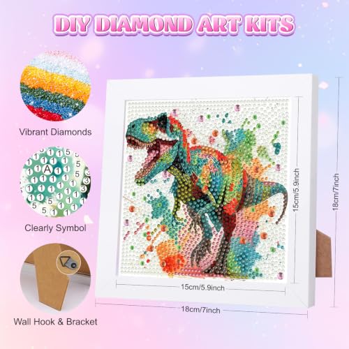 GHHKUD T-Rex Dinosaur Diamond Art Painting Kits for Kids with Frame, Watercolor Animal Diamond Art Adults Kids Crafts for Ages 4-6-8-12, Easy to DIY Gifts Package Home Wall Decor 7x7inch - color: Watercolor Dinosaur
