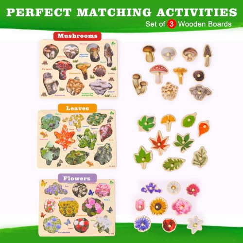 GRINNIE Wooden Toddler Puzzle for Kid 3 4 5 Years Old, 3 PCS Montessori Toys Puzzle for 2-4 Toddlers (Mushrooms Flowers Leaves), Great Preschool Learning Puzzles Birthday Gifts for Girls Boys