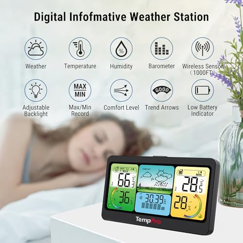 TempPro TempAir 1000FT Weather Stations Wireless Indoor Outdoor Thermometer - color: Black