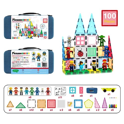 PicassoTiles 100PC Magnetic Tiles Construction Building with Carrying Case Included Block Set with Car, 8 Sets of Characters and Base Whiteboard Marker Playset Toy Kit for Boys & Girls Ages 3+ PB01 - color: 100pcs