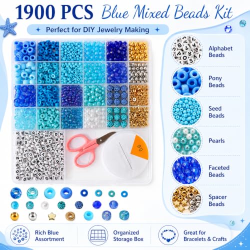 1900 PCS Blue Mixed Beads for Jewelry Making, Bracelet Making Kit with Alphabet Beads, Clay Beads, Pony Beads, Seed Beads and Pearls for DIY Jewelry Crafts - color: Blue