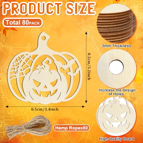 80PCS Wooden Halloween Decoration Pumpkins Ornaments to Paint Happy Halloween Cutouts Unfinished, DIY Blank Unfinished Ghost Spider Web Black Cat Trick or Treat Boo Ornament for Home Crafts Hanging - color: Hallow Pumpkin Halloween