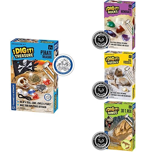 Thames & Kosmos I Dig It! Treasure - Pirate Treasure Excavation Kit, Rocks - Real Minerals Excavation Kit, Fossils - Real Fossils Excavation Kit, and I Dig It! Dinos 3D T. Rex Excavation Kit