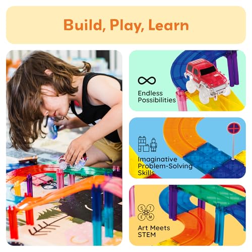 PicassoTiles 100 Piece Magnetic Tiles Race Track Toy Creative Building Set - color: 100 Pcs Race Car Track Set